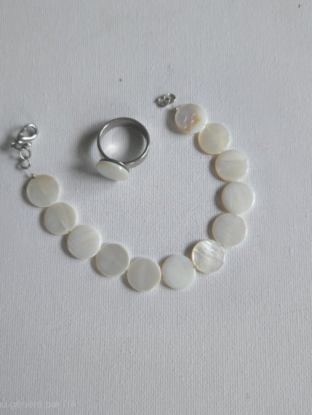 Vintage Mother of Pearl Shell Disc Bracelet & Matching Ring Set Silver Tone